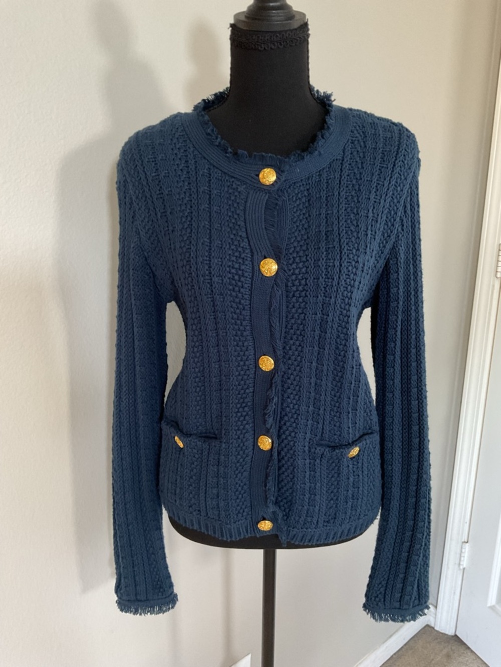 Fringe Cable Knit Cardigan with Gold Buttons